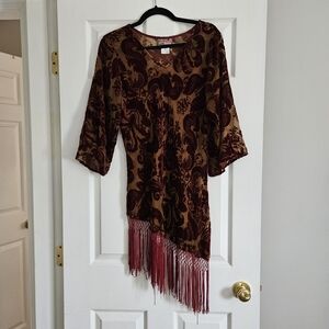 1990s VINTAGE April Cornell Maroon and Tan Tunic with Fringe